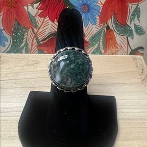 Cabochon Moss Agate Gemstone Silver Plated Ring Size 7 New